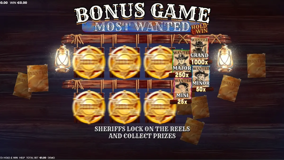 Tampilan visual slot Most Wanted: Hold & Win dengan tema Wild West